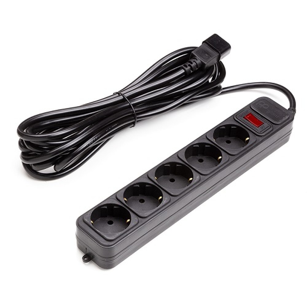 UPS-Rated Extension Cord 5m, 5 sockets, with switch, black